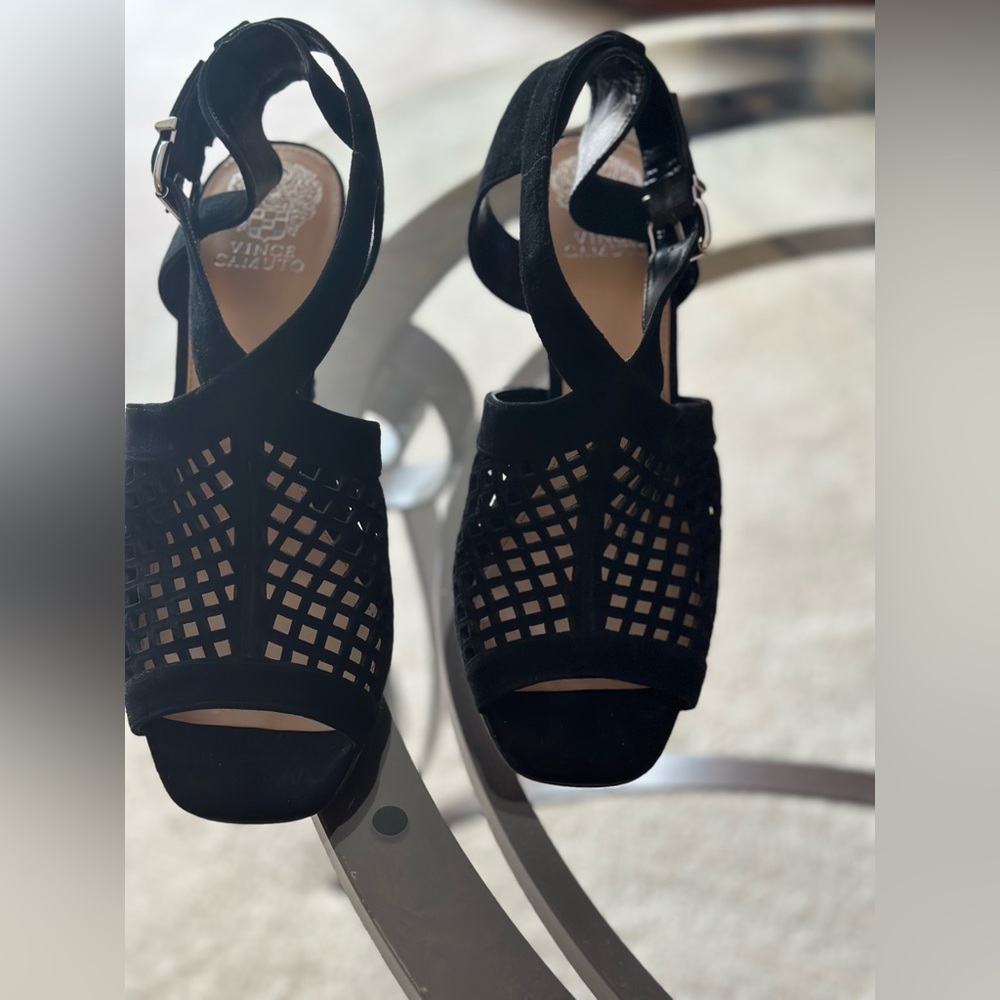 Vince Camuto black crochet style ankle peep toe booties. Size 10.